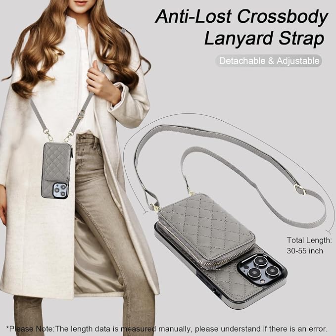 Bocasal Crossbody Wallet Case for iPhone 14 Pro Max, RFID Blocking PU Leather Zipper Handbag Purse Flip Cover, Kickstand Folio Case with Card Slots Holder Wrist Strap Lanyard 5G 6.7 Inch (Grey)