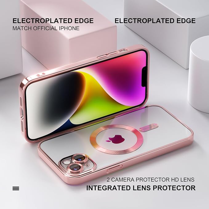 Misea Magnetic for iPhone 14 Plus Case Compatible with MagSafe [Never Yellowing] [Military Grade Drop Protection] Full Camera Lens Protector Plating Soft Clear Phone Case for Women Girls, Pink