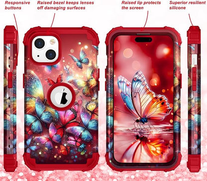 Hocase for iPhone 15 Case, Heavy Duty Shockproof Protection Soft Silicone Rubber Bumper+Hard Plastic Hybrid Protective Case for iPhone 15 (6.1" Display) 2023 - Shimmering Butterflies in Red