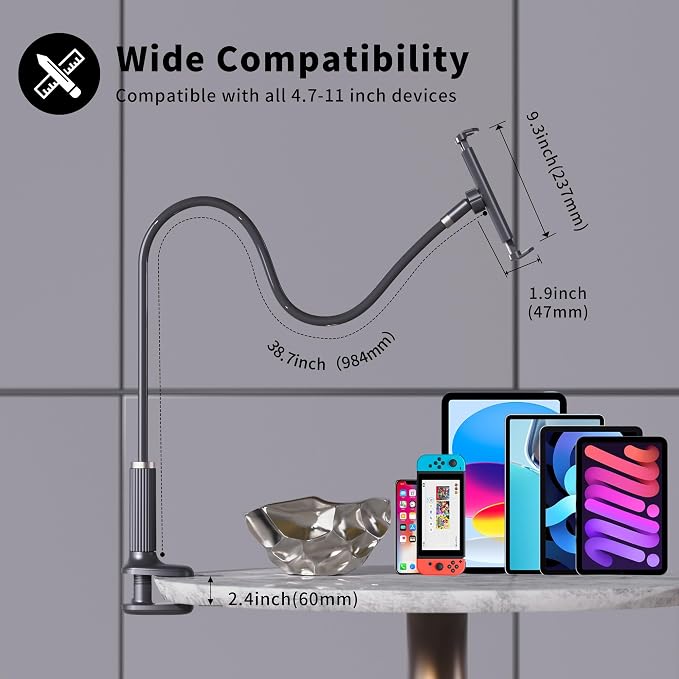 K-MT 【38.7inch/98cm】 Tablet Phone Holder Bed Gooseneck Mount, Mount Holder Clip with Grip Flexible Long Arm Compatible for ipad iPhone/Switch/Samsung Tabs/Kindle Fire HD K-MT(Black)