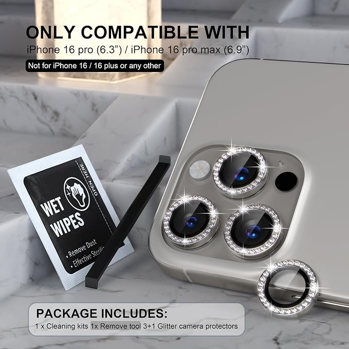 Choiche Compatible for iPhone 16 Pro/iPhone 16 Pro Max Camera Lens Protector Bling, 9H Tempered Glass Camera Cover Screen Protector Metal Ring Decoration Accessories (Diamond-Titanium Natural)