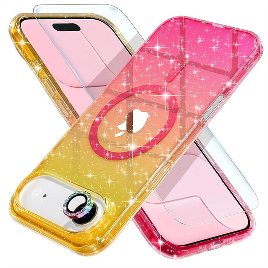 Choiche Magnetic for iPhone 17 Air Case Compatible with MagSafe, Women Cute Glitter Sparkly Phone Case with Diamond Camera Lens Protectors, Military-Grade Drop Protection 6.5" (Gold/Pink)