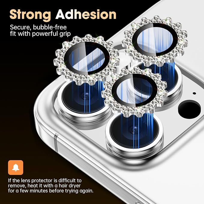 Xfilm for iPhone 16 Pro/16 Pro Max Camera Lens Protector Bling Individual Gear Design Diamond Ring 9H Hardness Scratchproof Protector, Stylish Phone Accessories, Case Friendly (Silver)