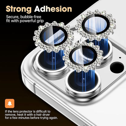 Xfilm for iPhone 16 Pro/16 Pro Max Camera Lens Protector Bling Individual Gear Design Diamond Ring 9H Hardness Scratchproof Protector, Stylish Phone Accessories, Case Friendly (Silver)