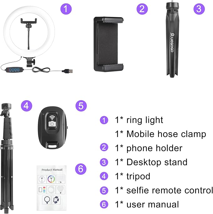 UEGOGO 10'' Ring Light with 72'' Tripod Stand & Phone Holder，38 Color Modes Dimmable LED Ringlight for Live Stream, YouTube,Makeup,TikTok
