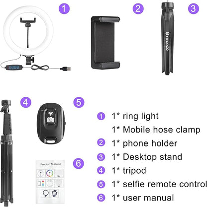 UEGOGO 10'' Ring Light with 72'' Tripod Stand & Phone Holder，38 Color Modes Dimmable LED Ringlight for Live Stream, YouTube,Makeup,TikTok