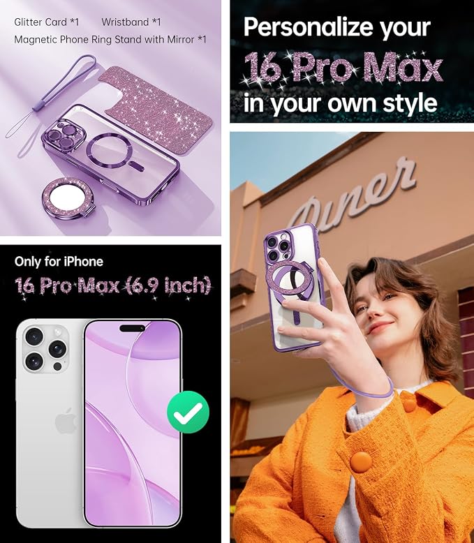 Meifigno Magnetic Case with Removable Phone Ring Stand for iPhone 16 Pro Max 6.9’’, [Glitter Card & Wrist Strap] [MagSafe Compatible] [Built in Mirror] Phone Ring Stand + Phone Case Kit, Purple