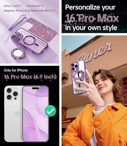 Meifigno Magnetic Case with Removable Phone Ring Stand for iPhone 16 Pro Max 6.9’’, [Glitter Card & Wrist Strap] [MagSafe Compatible] [Built in Mirror] Phone Ring Stand + Phone Case Kit, Purple