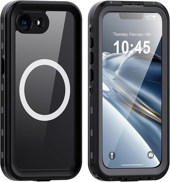 GOLDJU for iPhone 16e Case Waterproof, with IP68 Underwater & Magnetic, Built-in Screen Protector, Full-Body Protective Phone Case for iPhone 16e 2025, Black/Clear