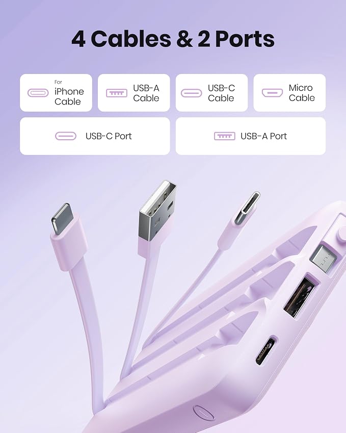 Portable Charger with Built-in Cable, 10000mAh Slim USB C Power Bank, External Battery Pack 5 Outputs 2 Inputs LED Display Compatible with iPhone/Android & More (Lavender)