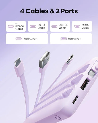 Portable Charger with Built-in Cable, 10000mAh Slim USB C Power Bank, External Battery Pack 5 Outputs 2 Inputs LED Display Compatible with iPhone/Android & More (Lavender)