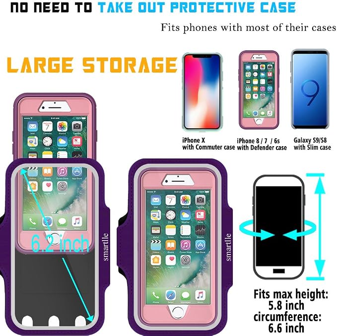 Arm Phone Holder for Running, Universal Cellphone Armband for iPhone 15 14 13 12 11 Pro/XR/XS/X/SE/8/7/6s/6, A/S/J, Up to 6.1’’, Sport Armband for Gym, Sports, Workout-Purple