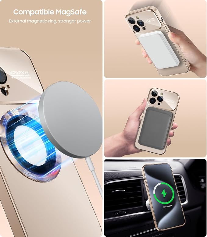 Magnetic for iPhone 15 Pro Max Case, Compatible with MagSafe, Built-in Camera Lens Protector, Logo View, Military Grade Drop Proof Phone Cover, Desert Titanium