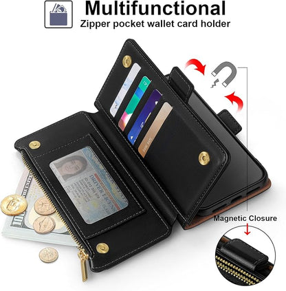 Antsturdy Compatible with iPhone 16 Plus Wallet Case,RFID Blocking PU Leather Phone Case Women Men Kickstand flip Cover Wrist Strap Zipper Credit Card Holder Slots for Apple 16 Plus 6.7",Black