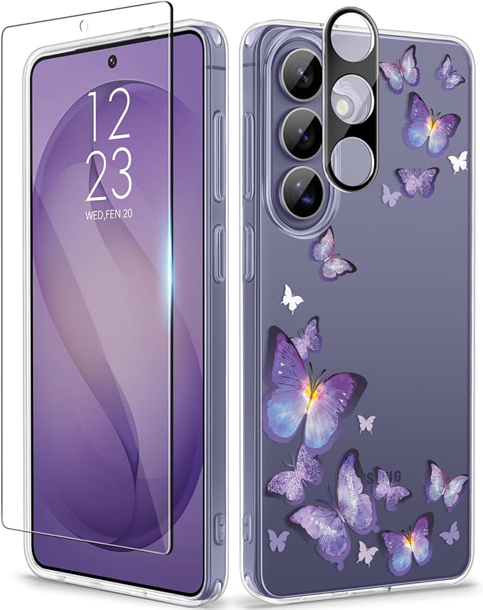 GVIEWIN for Samsung Galaxy S26 Plus Case, Clear Floral Slim Shockproof Protective Women Phone Case, Non-Yellowing, with Screen Protector&Camera Lens Protector for S26 Plus 6.7", Alluring Butterfly
