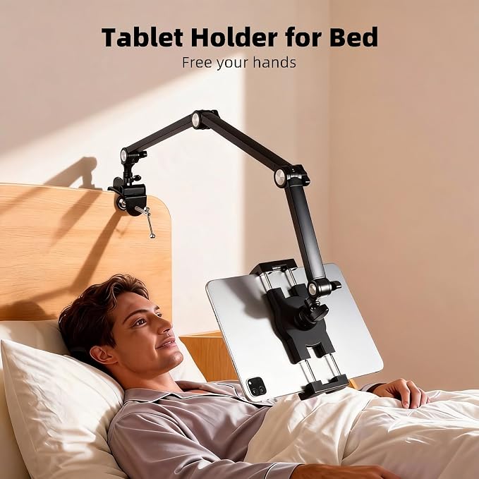Tablet Stand Holder for Desk and Bed, Adjustable Aluminum Foldable Arm iPad Mount Clamp on Table Compatible with iPad Air Mini, Galaxy Tabs, 4.7-12.9" Tablets and Phones