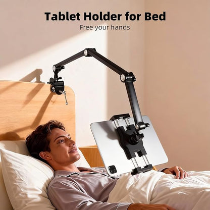 Tablet Stand Holder for Desk and Bed, Adjustable Aluminum Foldable Arm iPad Mount Clamp on Table Compatible with iPad Air Mini, Galaxy Tabs, 4.7-12.9" Tablets and Phones