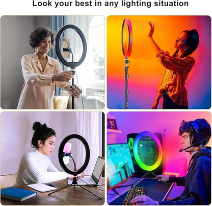 13" Selfie Ring Light with Stand 76" Tall & Phone Holders,Sunset Lamp, Tablet Holder,Desk Tripod& 51 Color Modes, Ring Light Tripod for iPhone,Video Recording,Live Streaming(TikTok/YouTube/Instagram)