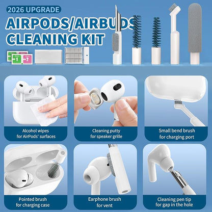 2026 Upgrade Phone Cleaning Kit 47PCS, iPhone Cleaning Kit, Airbud AirPods Cleaning Kit, Keyboard, Charging Port Cleaner for Apple Lightning/Android USB-C - Includes Putty, Cloth & Wipes (White)