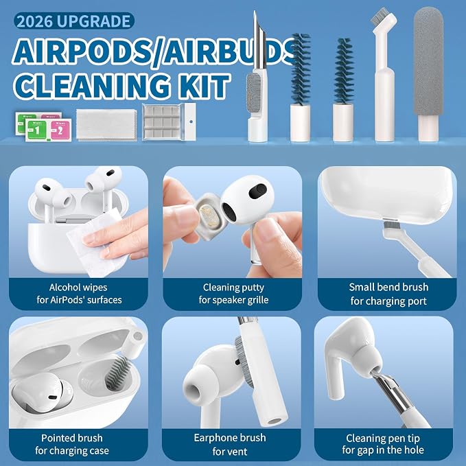 2026 Upgrade Phone Cleaning Kit 57PCS, iPhone Cleaning Kit, Airbud Cleaning Kit for AirPods, Keyboard Cleaning Kit, Charging Port Cleaner for Apple Lightning/Android USB-C (White, with 10 Mini Brush)