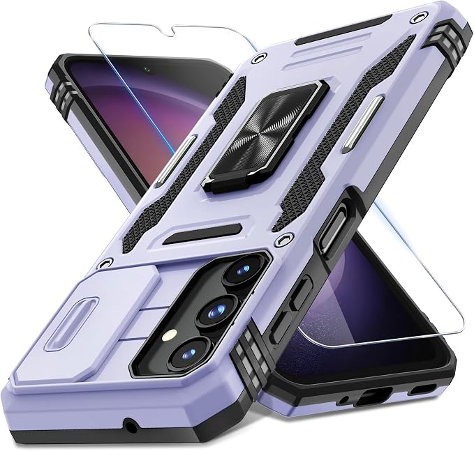 DEERLAMN Case for Samsung Galaxy A16 5G with Slide Camera Cover+Screen Protector (1 Pack), Rotated Ring Kickstand Military Grade Shockproof Protective Cover-Light Purple