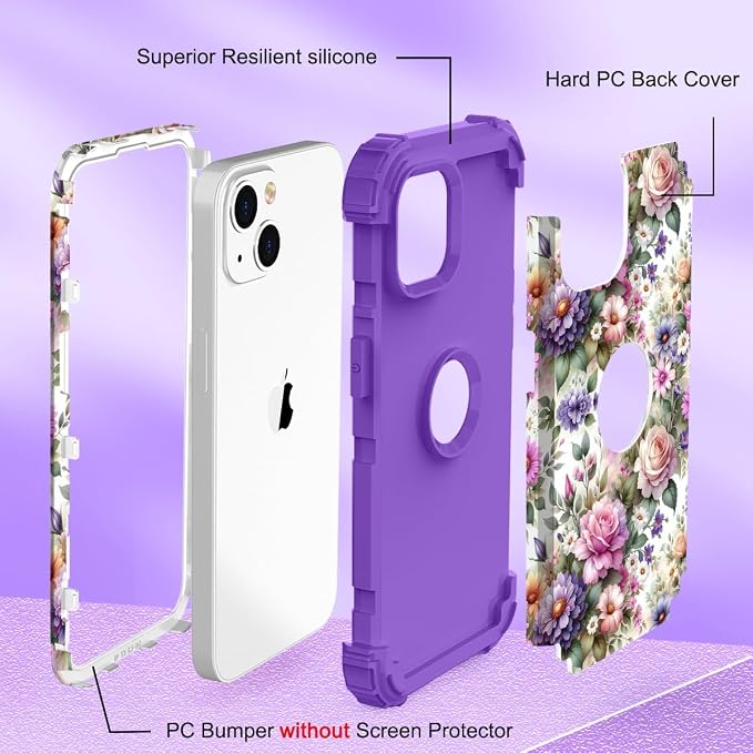 Hocase for iPhone 15 Case, Heavy Duty Shockproof Protection Soft Silicone Rubber Bumper+Hard Plastic Hybrid Protective Case for iPhone 15 (6.1" Display) 2023 - Purple Pink Flowers