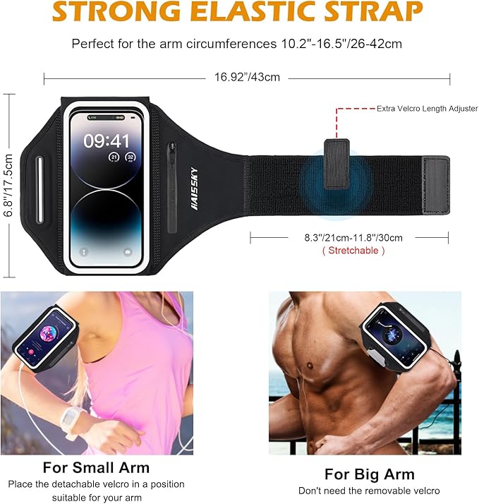 Running Armband with Earphone Bag Cell Phone Armband for iPhone 17 16 15 Pro 14 Plus 13 11 XR, Galaxy S24/S10 Water Resistant Sports Phone Holder Case & Zipper Slot Car Key Holder for 6.9 inch Phone
