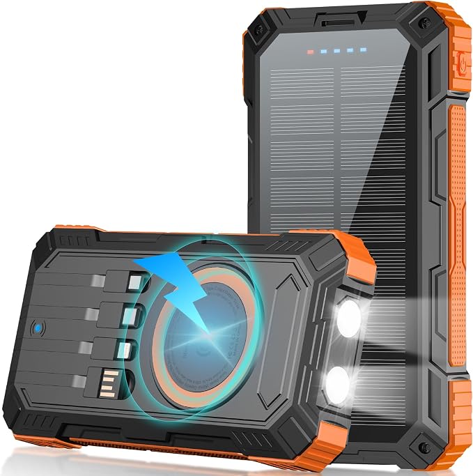 Solar Power Bank 49800mAh Portable Wireless Charger with USB-C 22.5W Fast Charging Built in 4 Cables Compatible with iPhone, iPad, Bright LED Flashlight Perfect for Camping