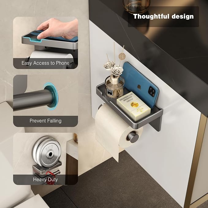 VOLDRA Toilet Paper Holder with Phone Shelf, Self-Adhesive or Screw Toilet Tissue Roll Holder Wall Mount, Rustproof & Multifunctional Bathroom Toilet Paper Holder Storage Dispenser(Gray)