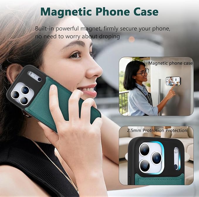 Wallet Case for iPhone 17 Pro Max with Card Holder/Crossbody Wallet/Strap,[RFID Blocking][Magnetic] PU Leather Phone Case for iPhone 17 Pro Max,6.9 in,Green