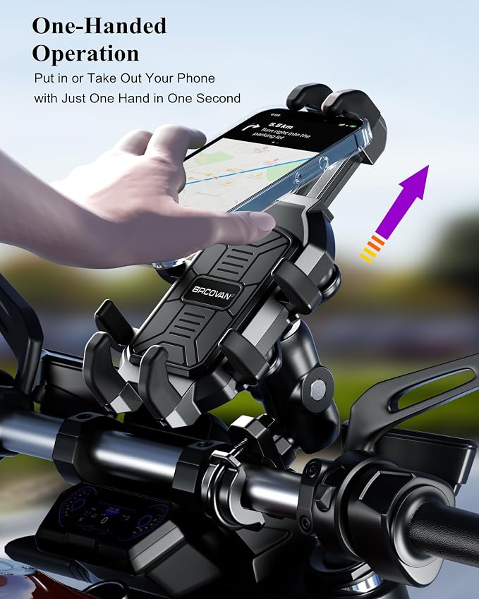 BRCOVAN Motorcycle Phone Mount Holder with Vibration Dampener, Anti-Shake Handlebar Cellphone Cradle for Bike Bicycle Scooter ATV, Adjustable Fit 5.4-6.9'' Smartphone
