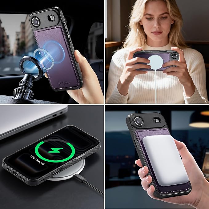 Strapurs for iPhone Air Detachable Wallet Case Compatible with Magsafe for Women, RFID Blocking 9-Card Holder Zipper Strap Lanyard PU Leather Magnetic Phone Case for iPhone 17 Air 6.5", Purple