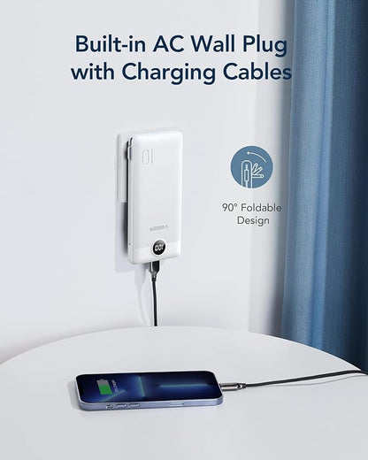 VEGER Portable Charger with Built-in AC Plug and Cables, All in One 10000mAh Ultra Slim Power Bank Travel Essentials, Fast Charging Battery Pack Compatible with iPhone, Samsung, Android (White)