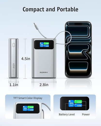 RORRY 45W Portable Charger, 20000mAh Power Bank, iPhone Battery Pack | Fast Charging, Extended Built-in USB C Cable, Smart Display, For iPhone 17/16/15, Galaxy, Pixel, iPad, Travel Essential