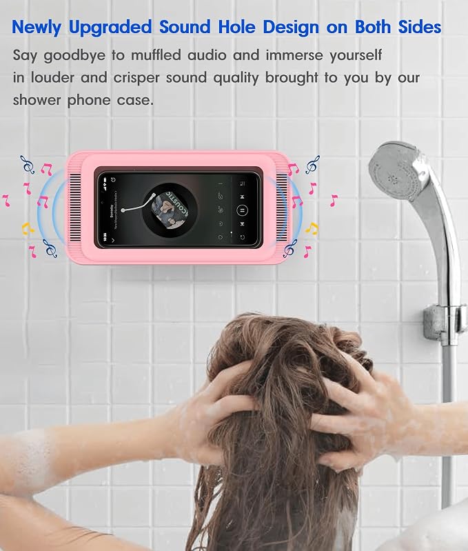 Mistriddle Waterproof Shower Phone Holder with 360° Rotation, Angle Adjustable, Enhanced Sound Quality, Wall Mounted Phone Holder for Bathroom Mirror Bathtub Kitchen, Up to 7 Inch(Pink)
