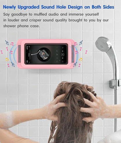 Mistriddle Waterproof Shower Phone Holder with 360° Rotation, Angle Adjustable, Enhanced Sound Quality, Wall Mounted Phone Holder for Bathroom Mirror Bathtub Kitchen, Up to 7 Inch(Pink)