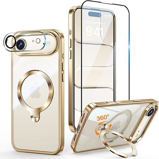 [Tri-Shield Protection] for iPhone Air Case with 360° Spin Stand Compatible with MagSafe [Magnetic CD Ring] [Screen & Camera Lens Protector] Shockproof Plating Never-Yellowing, Gold-6.5"