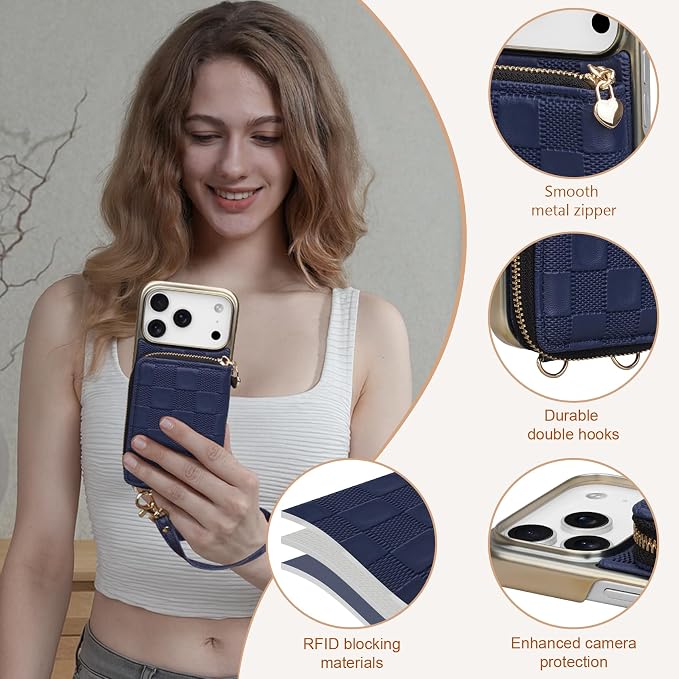 Keallce for iPhone 17 Pro 6.3'' Wallet Case, Crossbody Zipper Purse with 4 Card Slots RFID Blocking, Lanyards & Wrist Straps, Flip Leather Folio Cover with Kickstand for iPhone 17 Pro, Navyblue