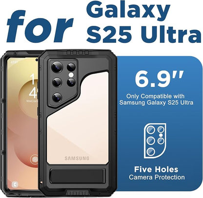 Mitywah Waterproof Case for Samsung Galaxy S25 Ultra, Heavy Duty Metal Kickstand Case, Shockproof Full Body Phone Case with Built-in Screen Protector for Samsung S25 Ultra Case Black