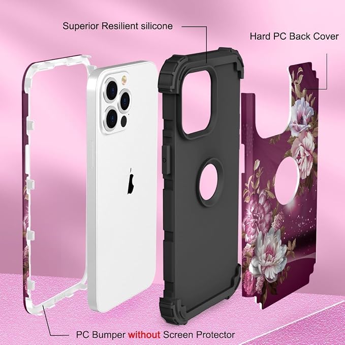 Hocase for iPhone 15 Pro Case, Heavy Duty Shockproof Protection Soft Silicone Rubber Bumper+Hard Plastic Hybrid Protective Case for iPhone 15 Pro 6.1" 2023 - Royal Purple Flowers