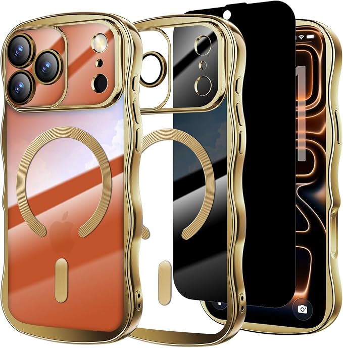 Misscase Designed for iPhone 17 Pro Case 6.3",with Privacy Screen Protector*1,Cute Wave Frame Case with Camera Lens Protector,Compatible with MagSafe Plating Bling for Women Gold