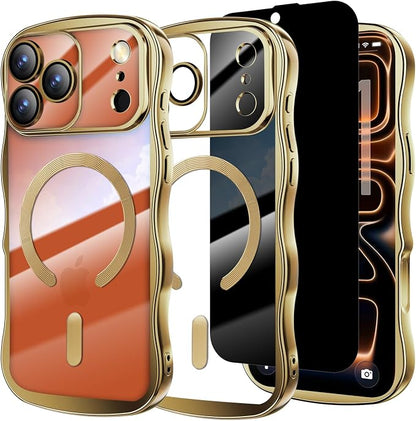 Misscase Designed for iPhone 17 Pro Case 6.3",with Privacy Screen Protector*1,Cute Wave Frame Case with Camera Lens Protector,Compatible with MagSafe Plating Bling for Women Gold