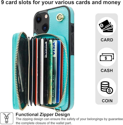 Bocasal Crossbody Wallet Case for iPhone 14/13, RFID Blocking Leather Purse Case with Card Holder, Protective Handbag Flip Cover with Zipper Wrist Strap Lanyard for Women 5G 6.1 Inch (Mint Green)