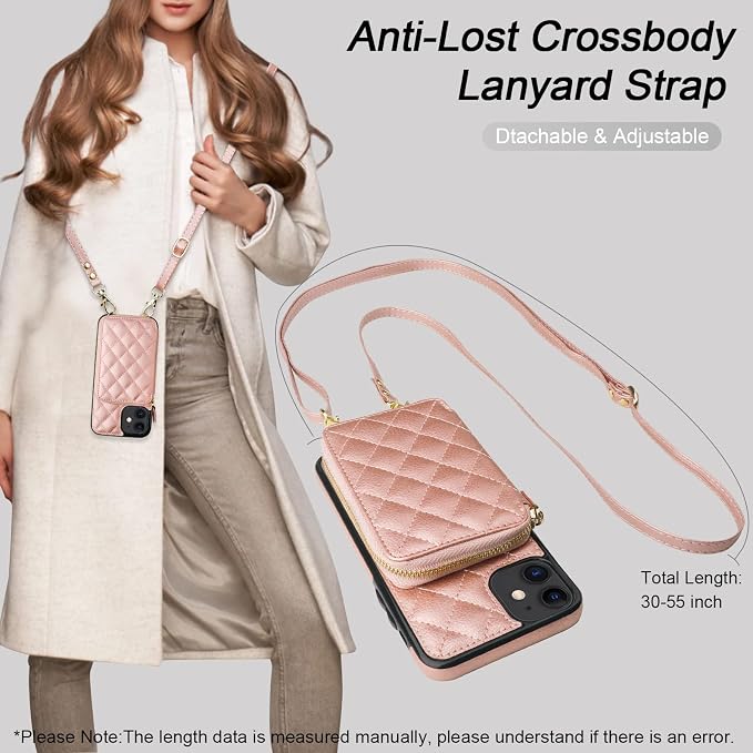 Bocasal Crossbody Wallet Case for iPhone 11, RFID Blocking PU Leather Zipper Handbag Purse Flip Cover, Kickstand Folio Case with Card Slots Holder Wrist Strap Lanyard 6.1 Inch (Rose Gold)