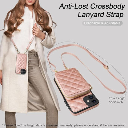 Bocasal Crossbody Wallet Case for iPhone 11, RFID Blocking PU Leather Zipper Handbag Purse Flip Cover, Kickstand Folio Case with Card Slots Holder Wrist Strap Lanyard 6.1 Inch (Rose Gold)