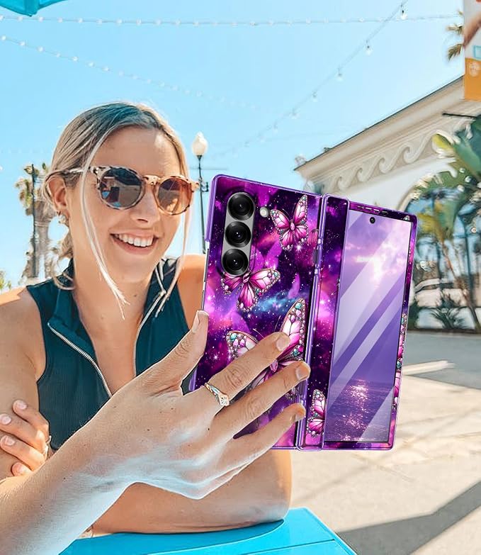 Btscase for Samsung Galaxy Z Fold 6 Case,Built in Front Screen Protector,Gold Glitter Marble Pattern Hard PC Slim Shockproof Full Body Drop Protective Case for Galaxy Z Fold 6 5G, Dreamy Purple