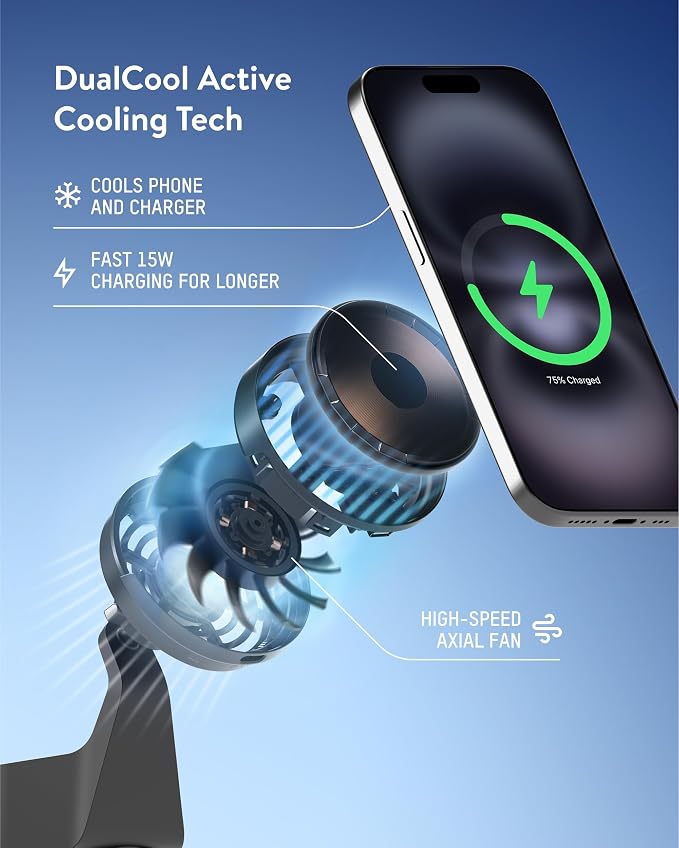 Mous 15W Wireless Charging Suction Mount, Designed for MagSafe Car Phone Holder- Fast Cooling Magnetic Car Mount Charger Compatible with iPhone 16/15/14/13, Pixel and S25 - Windshield/Dashboard