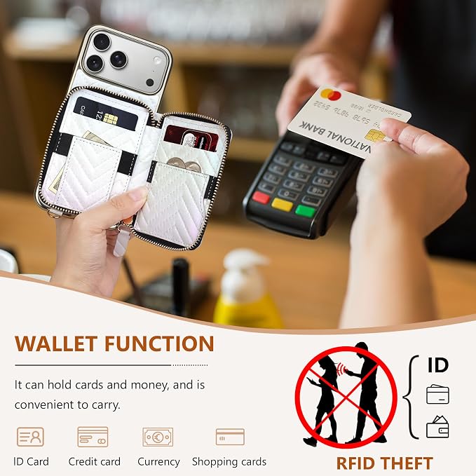 Keallce Wallet Case for iPhone 17 Pro Max 6.9", Crossbody Zipper Purse with Wristlet Strap, 4 Card Slots with RFID Blocking and Kickstand, Electroplated Leather Case for Women (White)