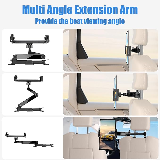 Tablet Holder for Car Headrest,Foldable Stand Compatible with 6-13" iPad,Air,Mini,Switch,360° Adjustable Rotation,Essential for Road Travel,Black
