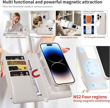 for iPhone 16 Pro(6.3 inches) Detachable Wallet Case with Crossbody.Multi-Function 2 in 1 Magnetic Wallet Case with Card Holder.Flip Strap Zipper Phone Case with Shoulder Straps